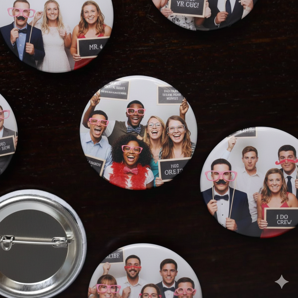 Custom pin-back photo booth buttons with guest photos