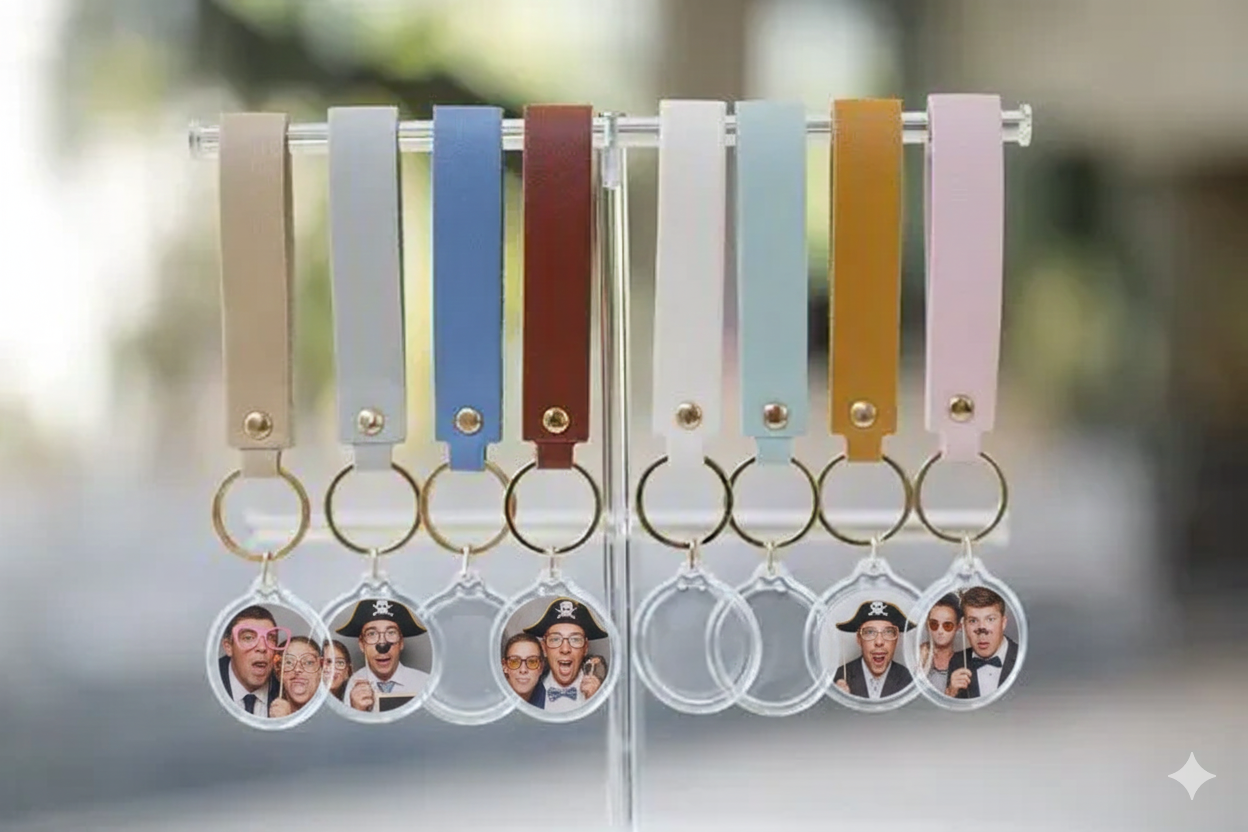 Row of leather photo booth keychains with printed guest photos
