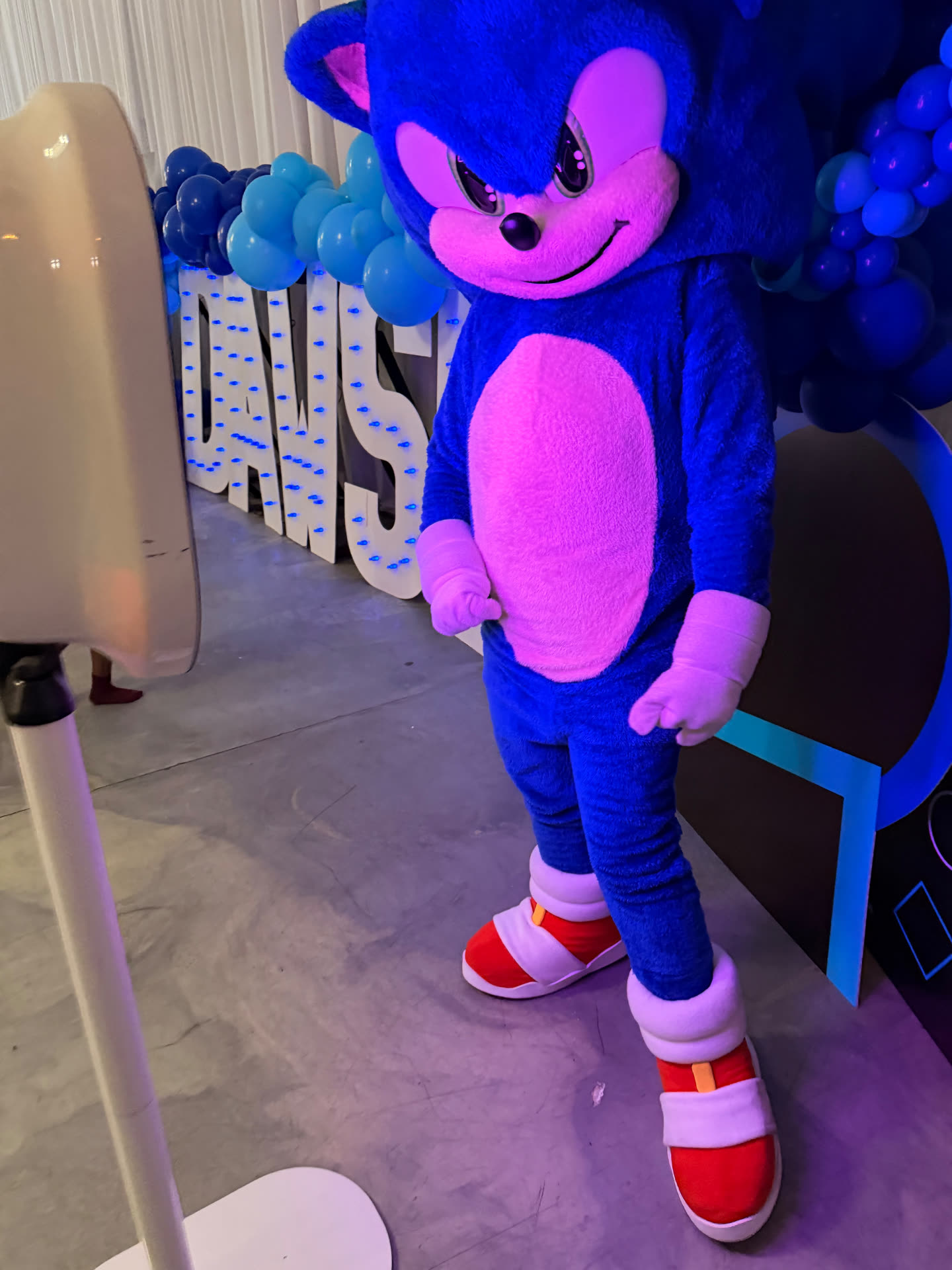 Sonic character posing beside the MobiPix booth at a blue balloon birthday party